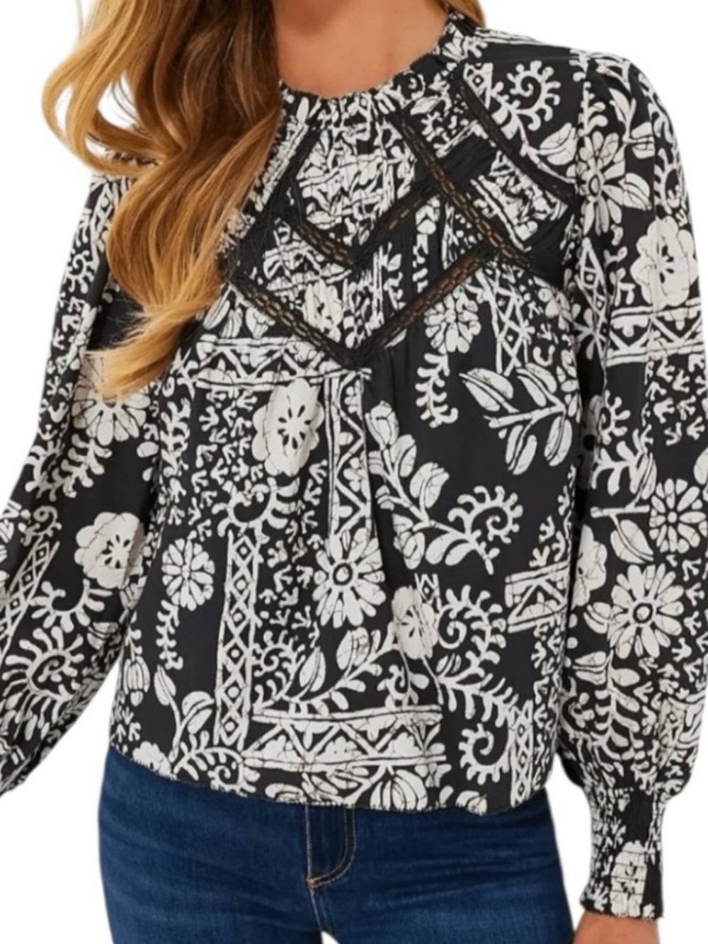 Love The Label Sz S Tuckernuck Black Cream Floral Print Top Amaya Brighton Lace